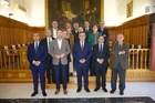 El consejero de Medio Ambiente, Universidades, Investigación y Mar Menor, Juan María Vázquez, junto al alcalde de Caravaca de la Cruz, José Francisco García y los presidentes de las academias de la Región de Murcia en el Salón de plenos del Ayuntamiento de Caravaca.