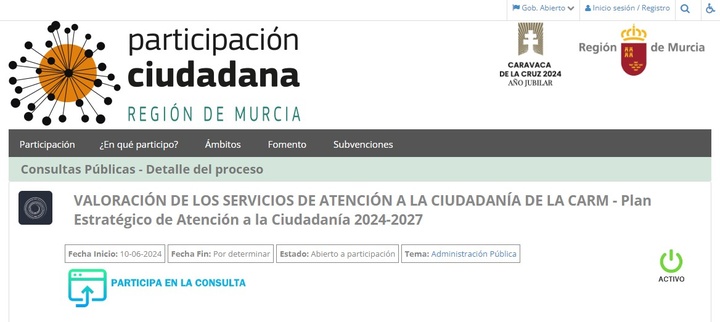 Imagen de la Plataforma de Participación Ciudadana de la Comunidad, donde se puede acceder a la consulta pública