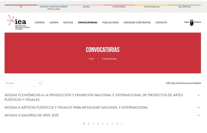 Imagen de la sección 'Convocatorias' de la página web del Instituto de las Industrias Culturales y las Artes