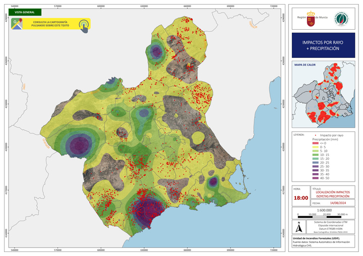 Mapa representativo de los rayos y precipitaciones caídas en la Región de Murcia durante el día 14 de agosto, proporcionado por la UDIF de la Com...